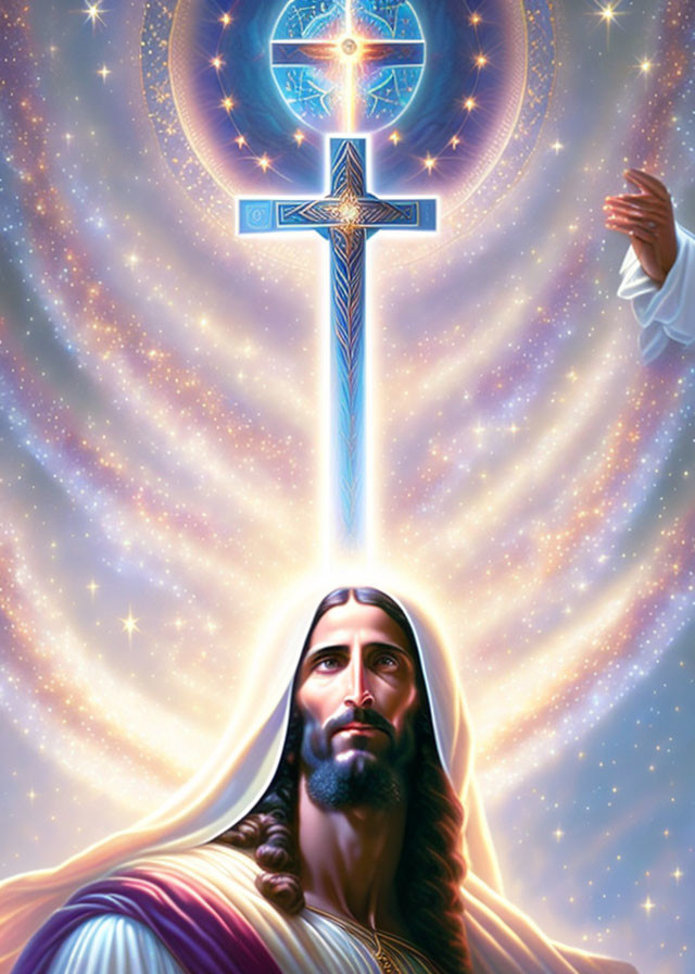 Religious illustration of Jesus with glowing cross and stars symbolizing divinity