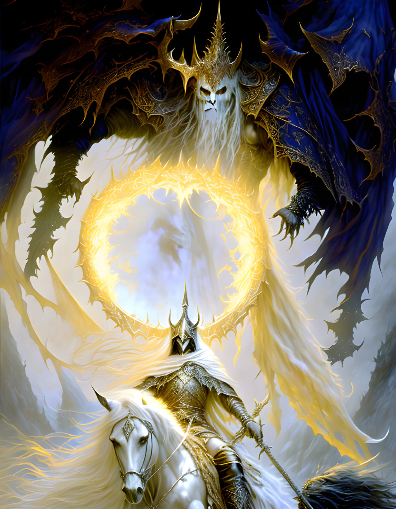 Knight on White Horse with Dragon in Fiery Halo and Blue Mists