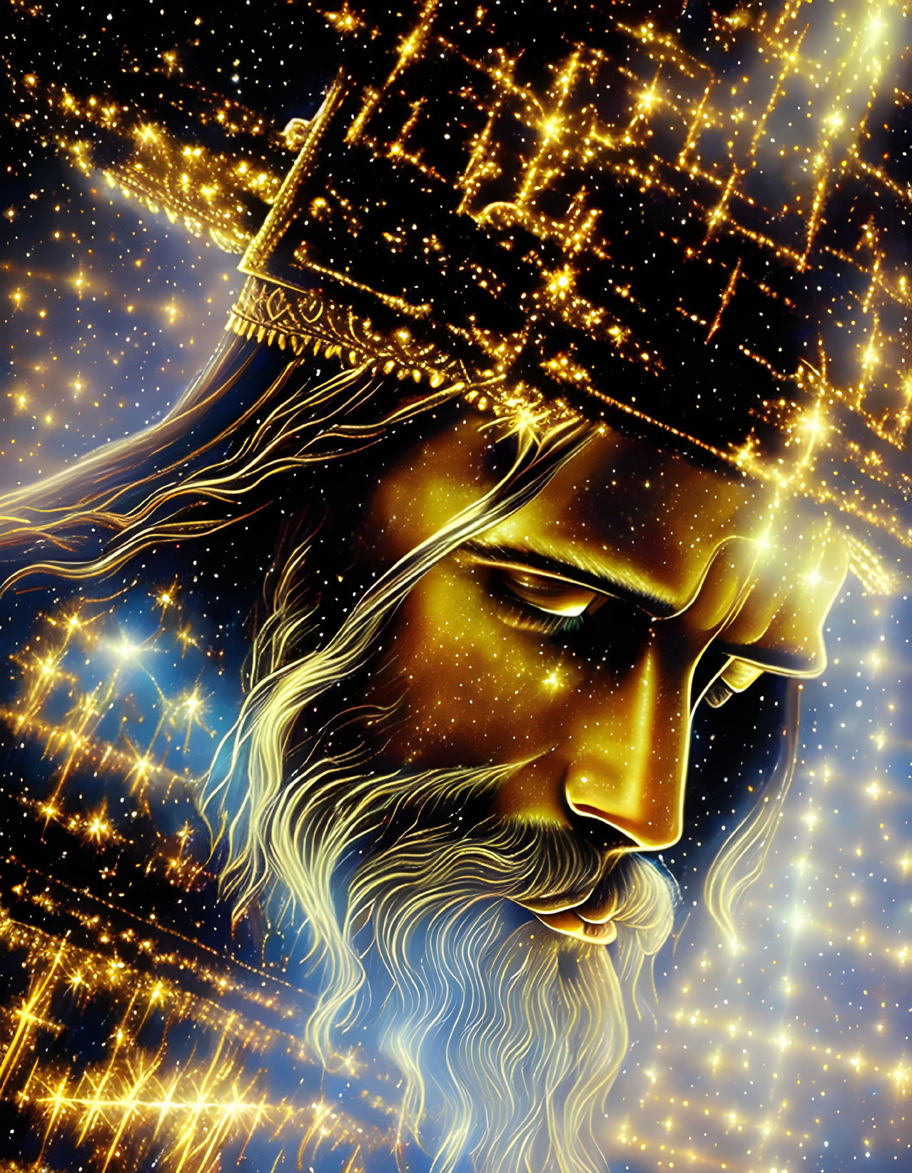 Bearded male figure with crown in cosmic backdrop