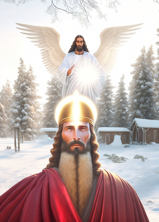 Bearded Figure in Red Cloak with Golden Crown and Halo, Angelic Being with Outstretched