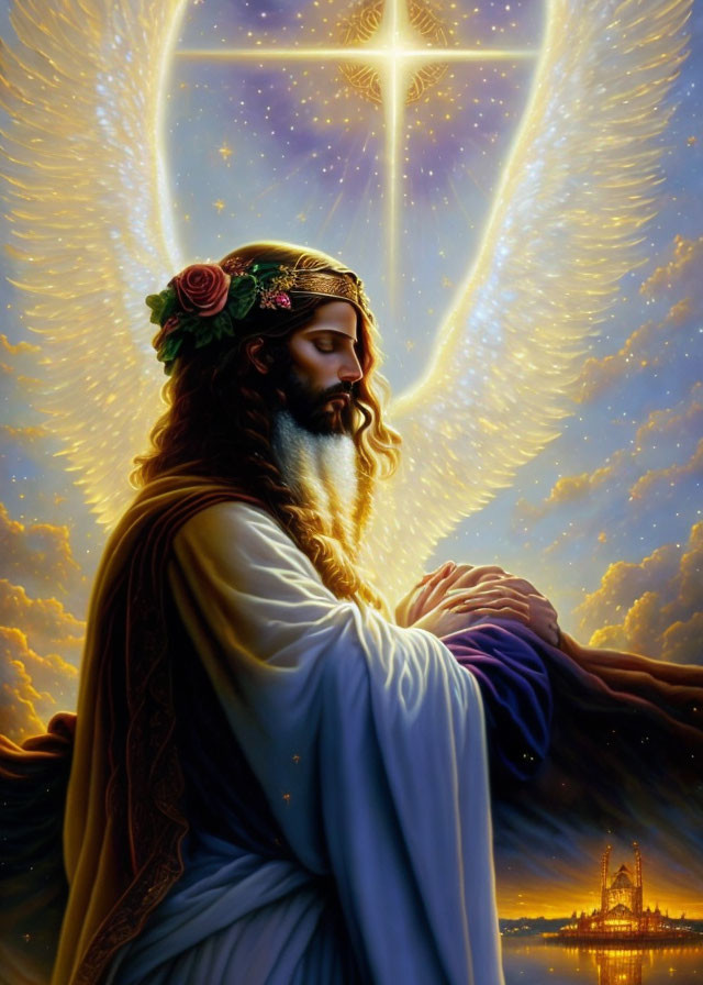 Bearded figure in robes with halo and crown of roses praying under glowing cross in celestial city.