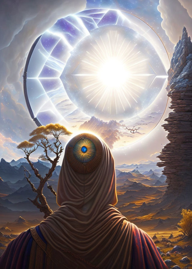 Robed Figure with Eye Design Hood Observing Cosmic Event