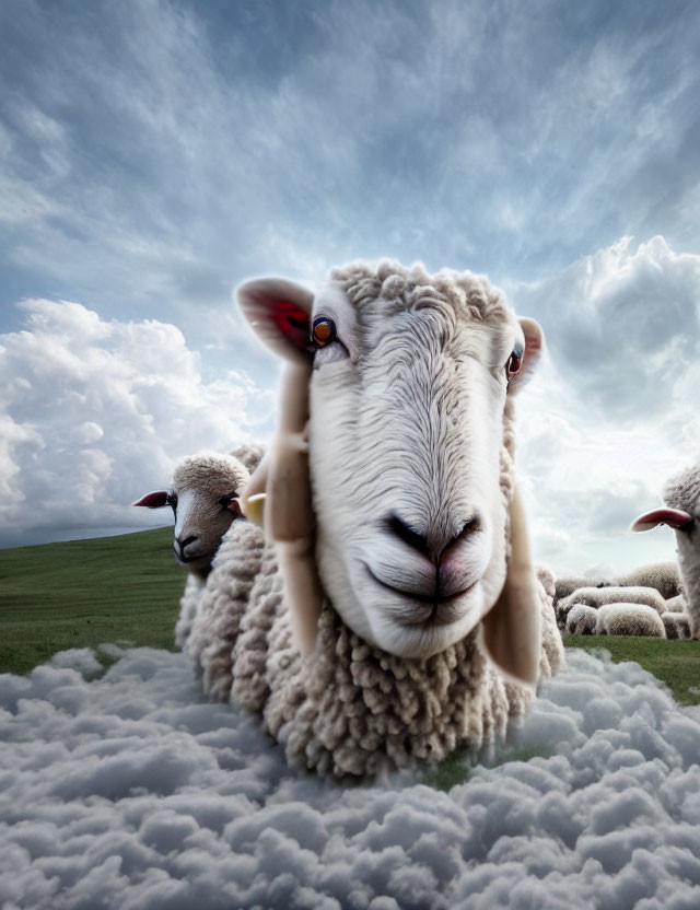 Close-up image of sheep's head against fluffy cloud-filled sky