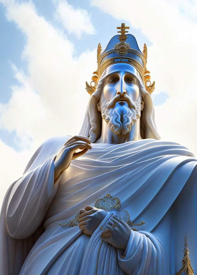 Regal figure statue in royal garb with crown against blue sky