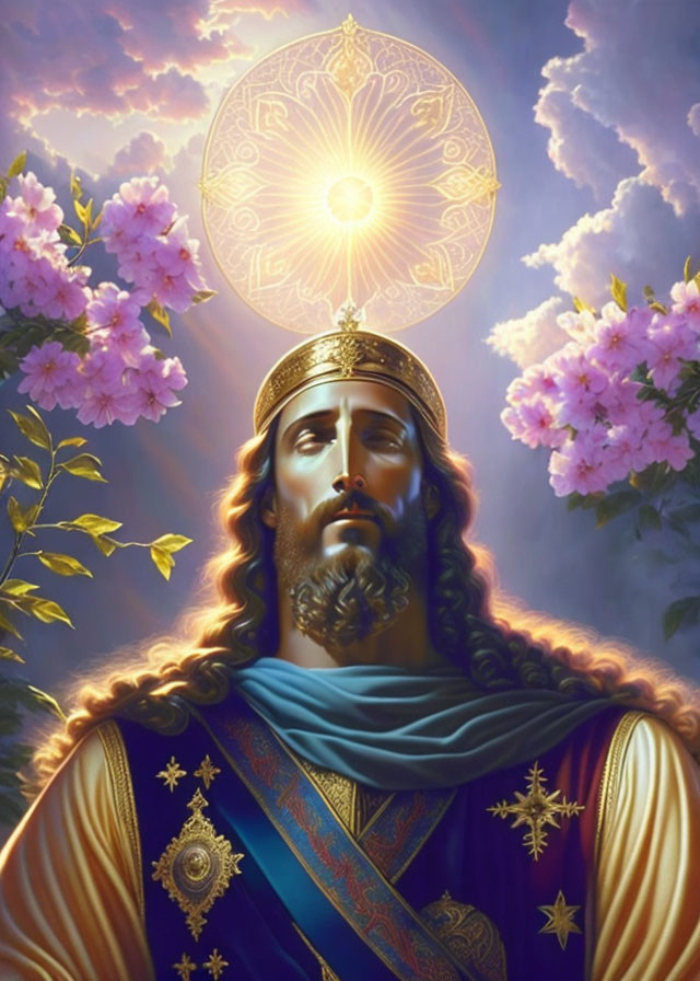 Regal figure with golden halo in blue and gold robe amid pink flowers.