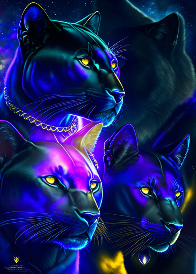 Three luminescent black panthers with vibrant blue undertones against a starry night backdrop, adorned