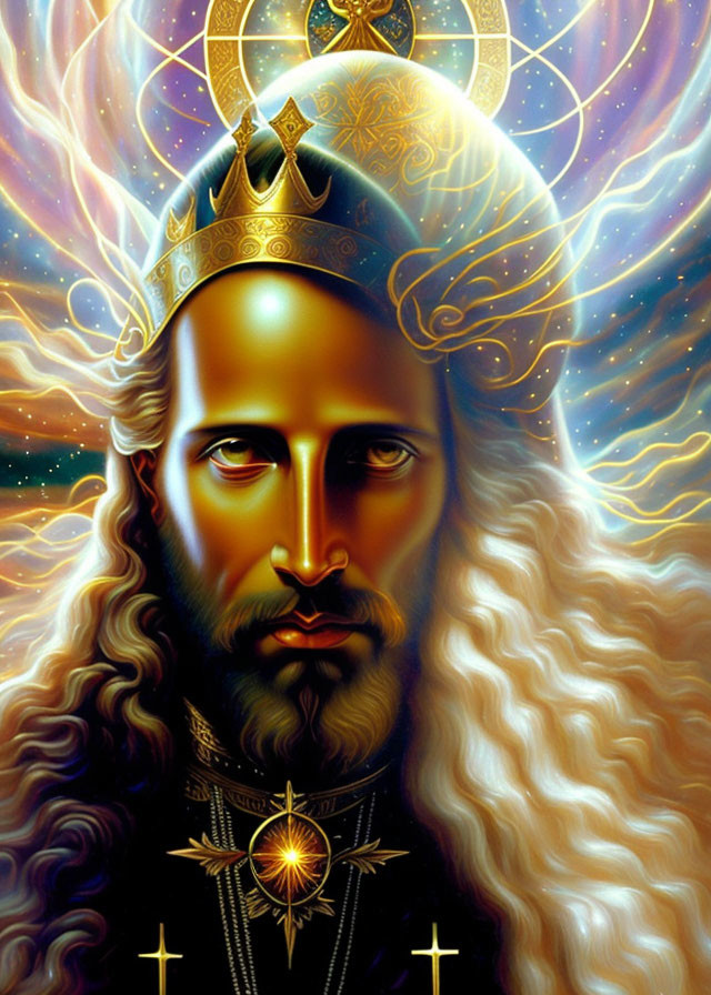 Regal figure with crown, white hair, cosmic background