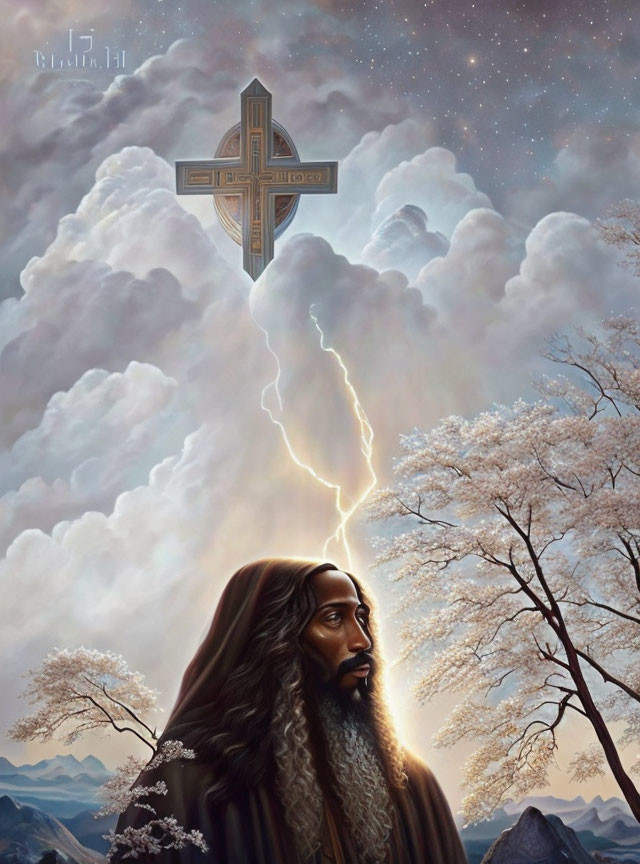 Religious painting with Jesus, glowing cross, cherry blossoms, clouds, lightning, and starry