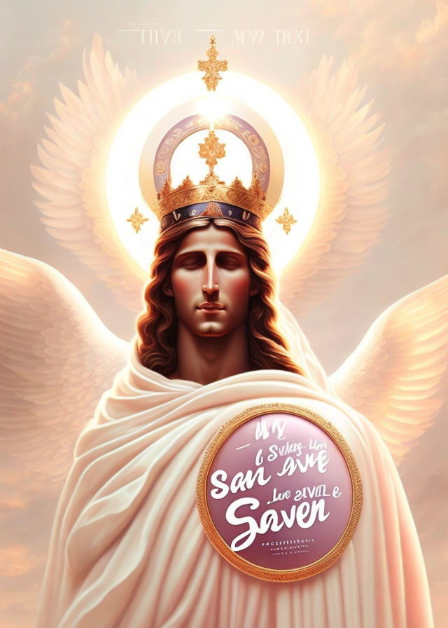 Digital Artwork of Serene Figure with Halo, Wings, Crown, and Symbols