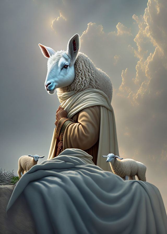 Surreal image of figure with sheep's head in regal robes, accompanied by lambs against