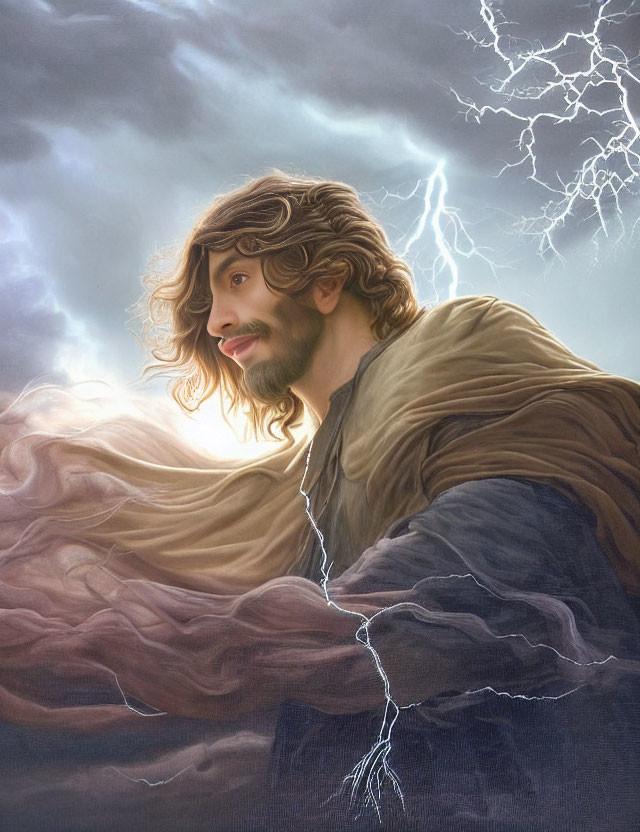 Bearded man in flowing robes against stormy skies