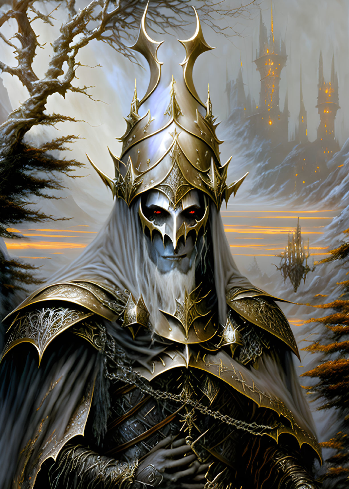 Regal figure in golden armor and crown at misty gothic castle