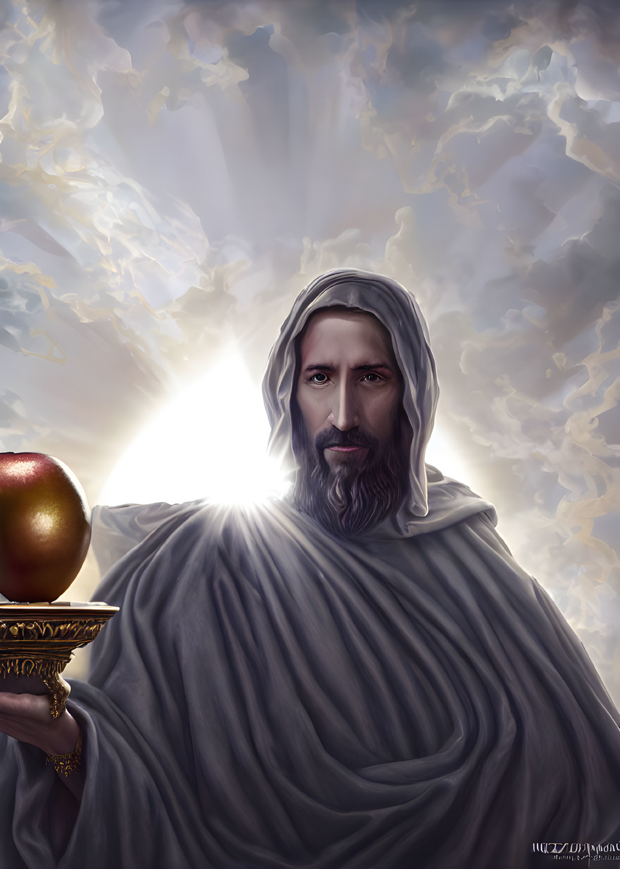 Digital artwork: Figure with long hair, beard, robe, golden chalice, apple, radiant light