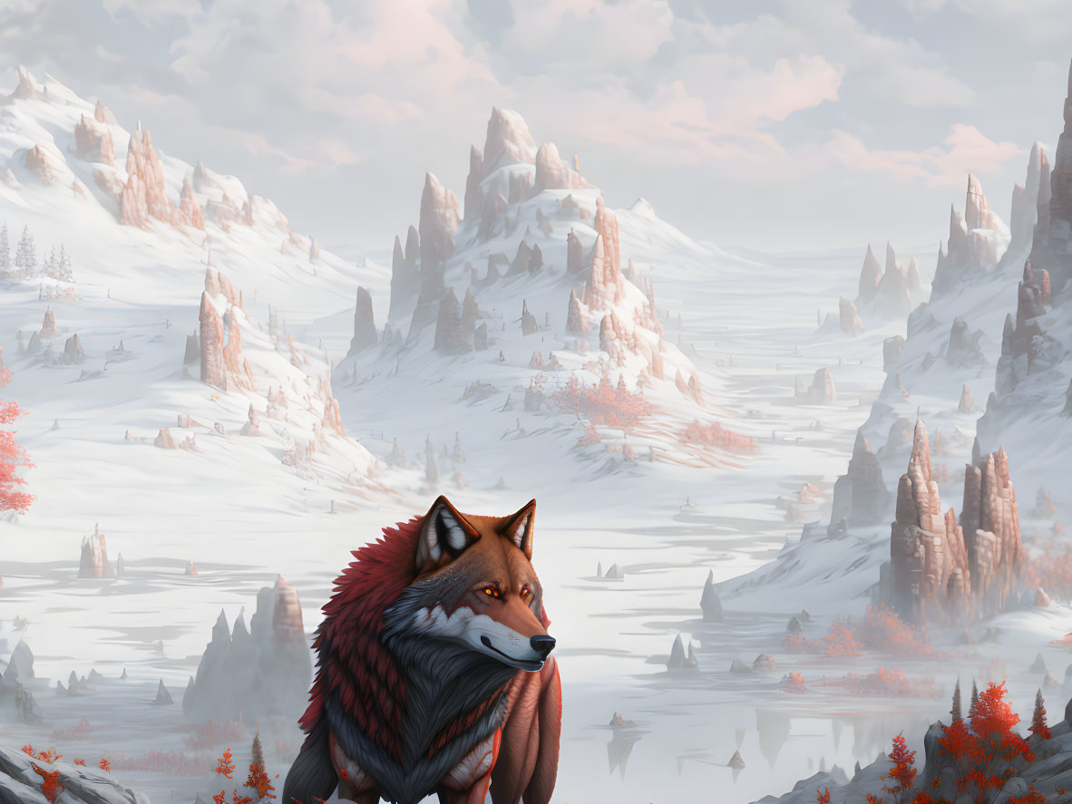 Majestic red fox in snowy landscape with rocky peaks and rivers