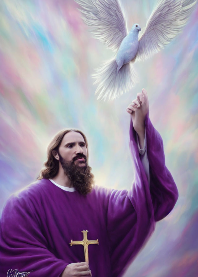 Man in Purple Robe Reaching for Dove in Mid-Flight