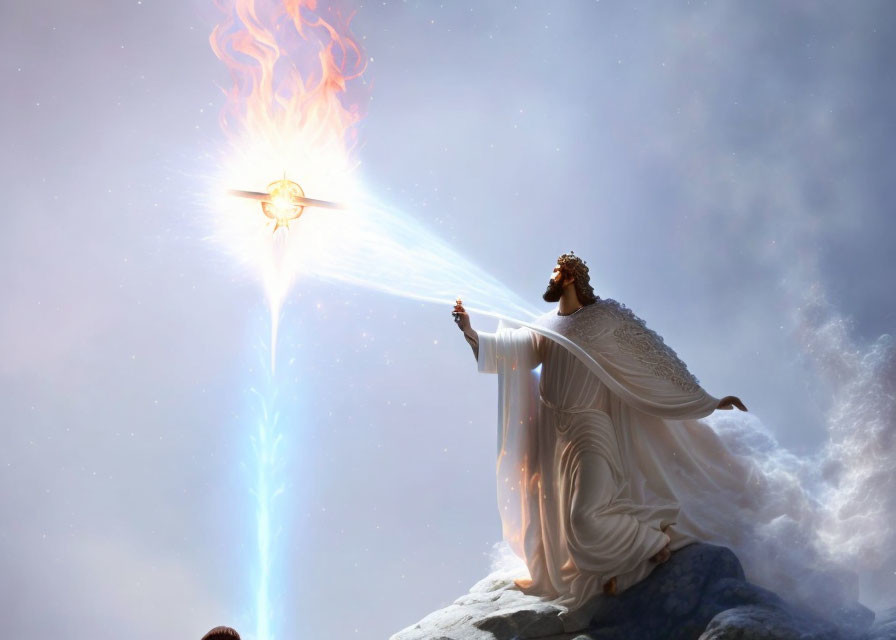 Angelic statue directing light to fiery winged entity in cloudy sky