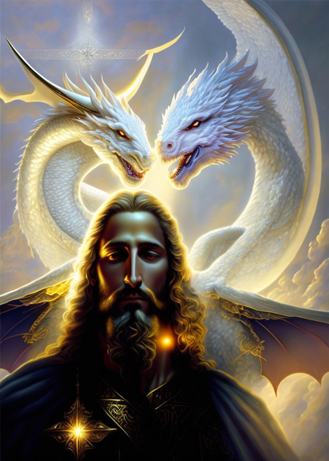 Long-haired man with beard and white dragons under luminous sky