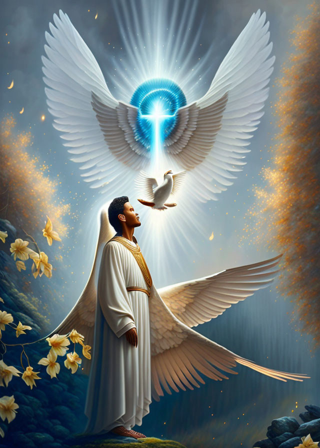 Man with outstretched arms gazes at radiant dove and angelic figure in celestial setting