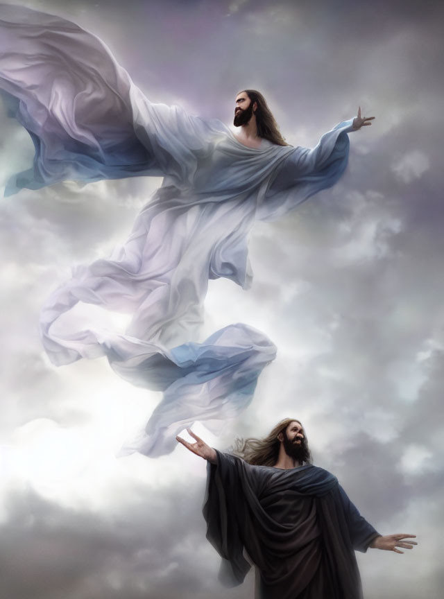 Two figures in contrasting robes ascend and gesture in the clouds.