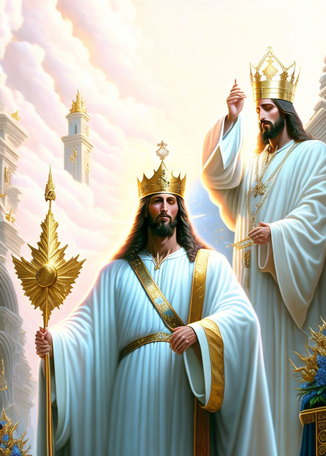 Royal kings in golden crowns and robes against heavenly backdrop