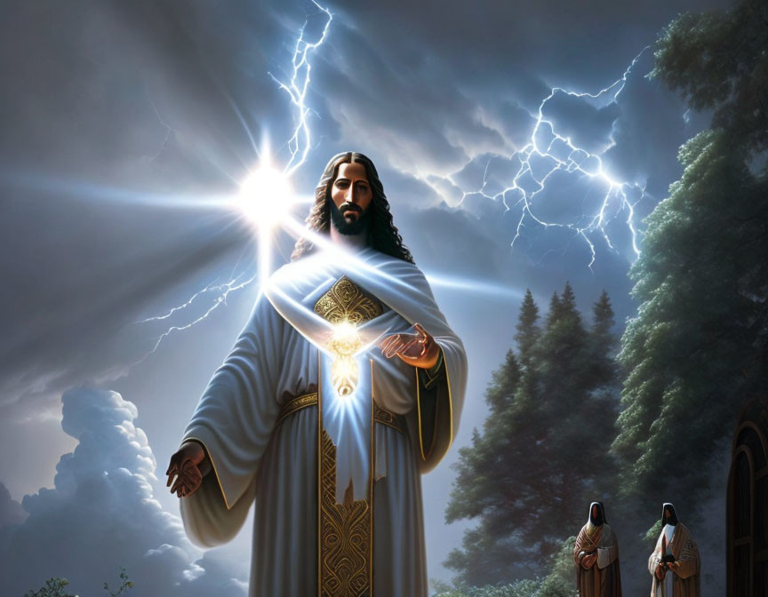 Bearded figure in white and gold robes emitting light in stormy setting