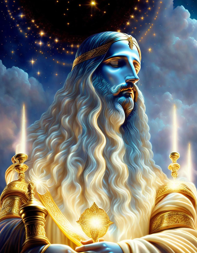 Majestic man with white hair and crown, holding sword in starlit background