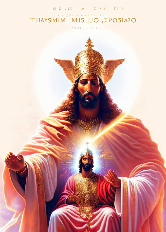 Illustration of haloed figure with ethereal light and crown.