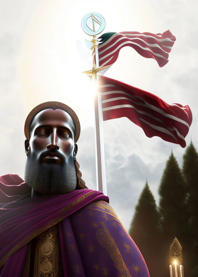 Regal figure with sun halo in purple cloak, flagpole with emblem, clouds and trees