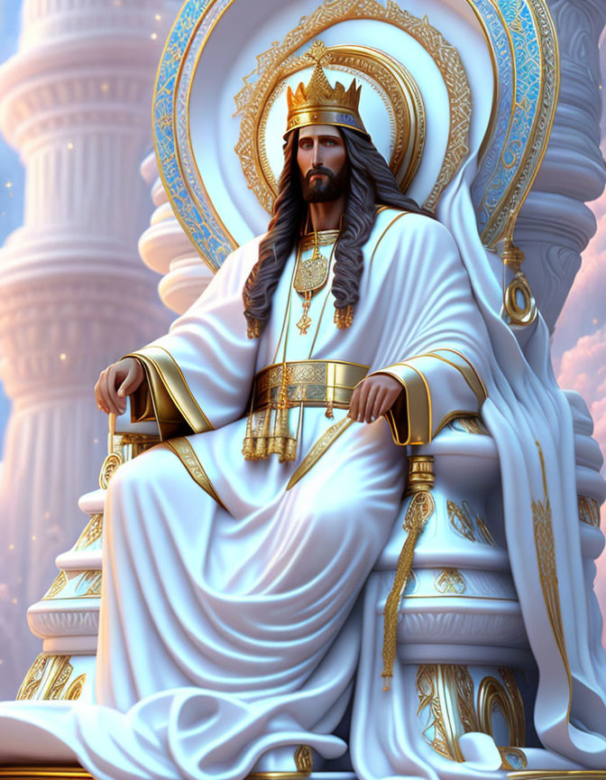 Royal Figure in White and Gold Robes on Throne with Crown and Opulent Background