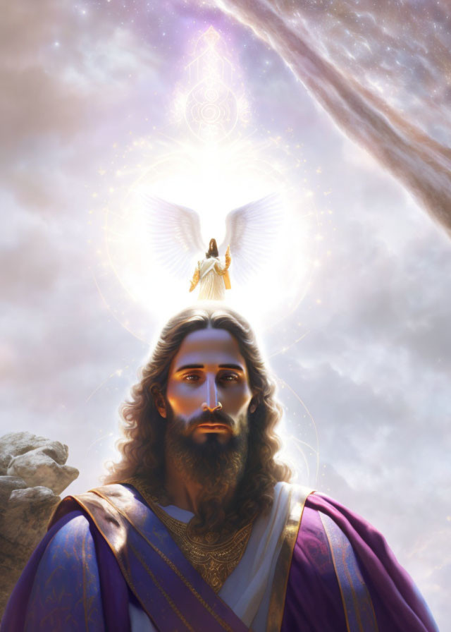 Bearded figure in purple and gold robes gazes at haloed dove