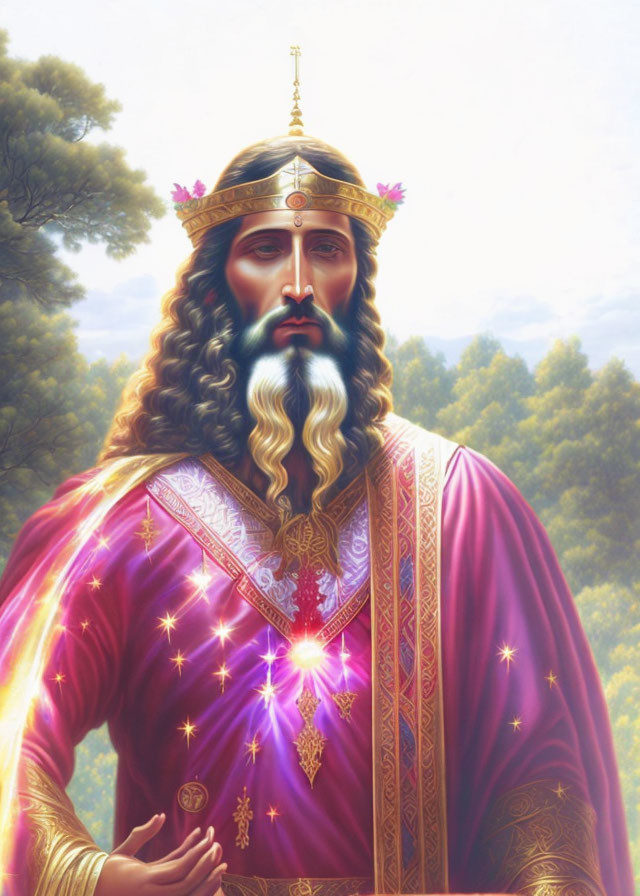 Majestic king with golden crown in regal purple robe amid forest.