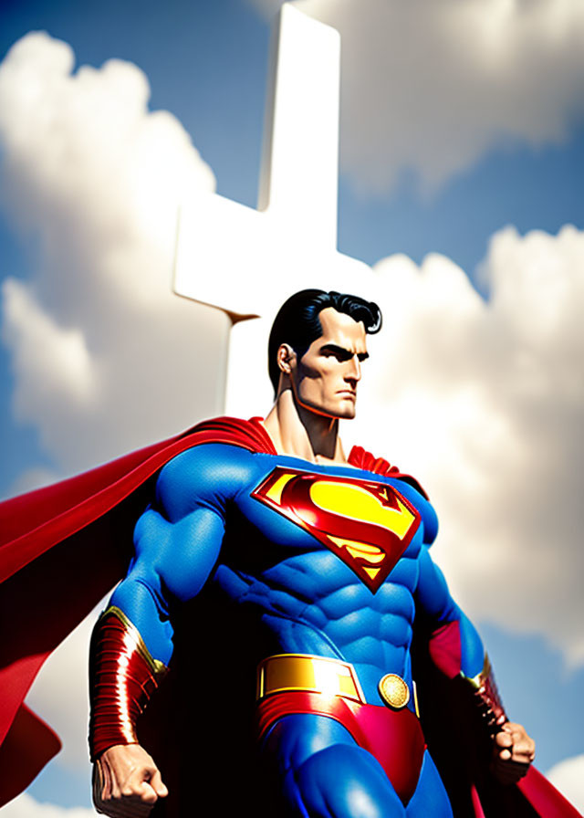 Superman illustration: hero with cape in front of cross, blue sky