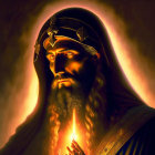 Bearded figure in hooded cloak with ornate headgear in golden fiery aura