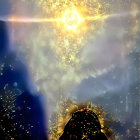 Regal figure with dark hair and beard in celestial setting