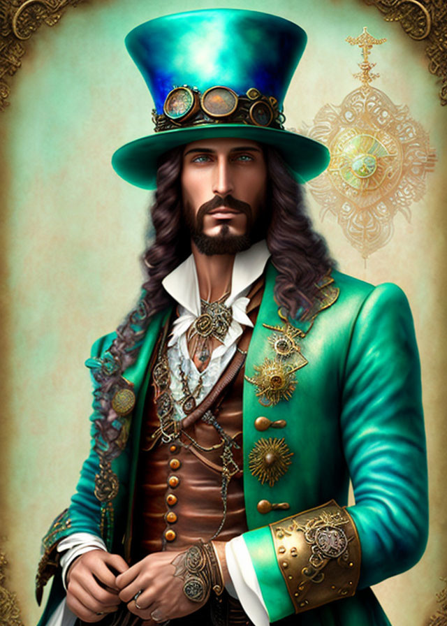 Detailed Steampunk Man Digital Artwork with Green Top Hat and Mechanical Arm