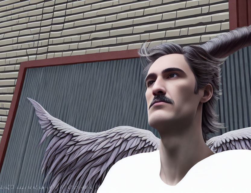 Digital artwork of a man with mustache and wings against a modern building.