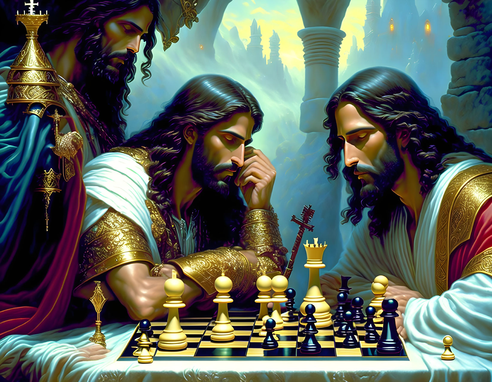 Stylized regal figures in chess game against mystical cityscape