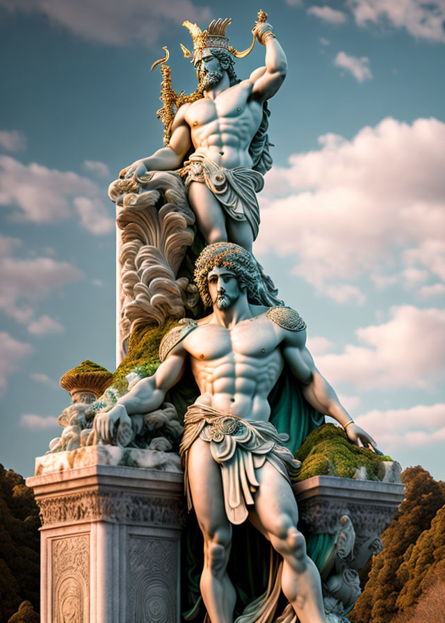 Greek God Poseidon Statue with Trident in Ocean-themed Setting