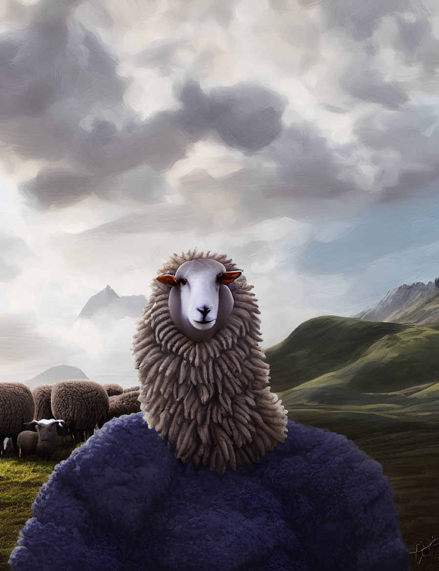 Illustration of fluffy sheep on grassy hill under cloudy sky