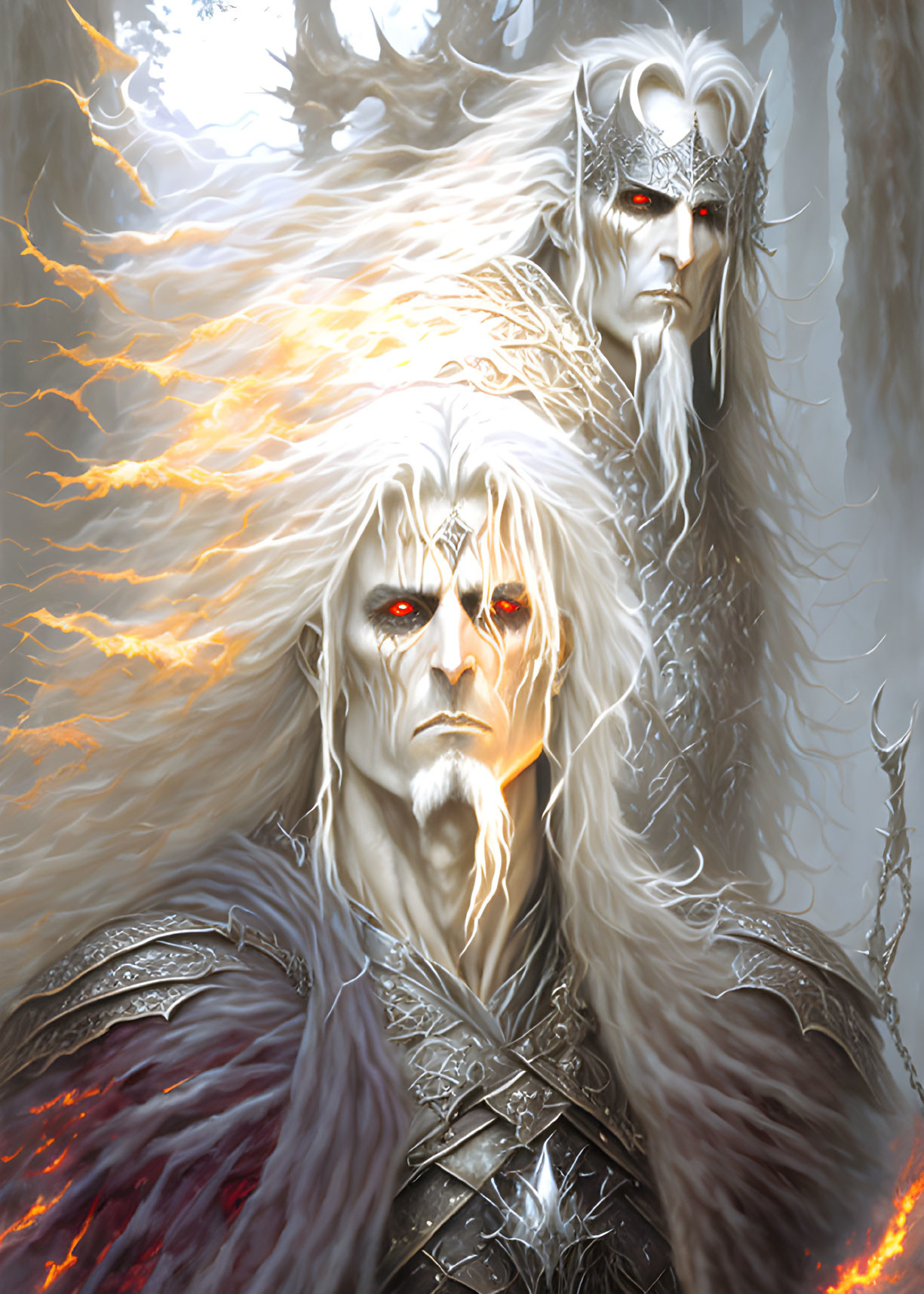 Regal pale-skinned figures in silver armor with red eyes in ethereal setting