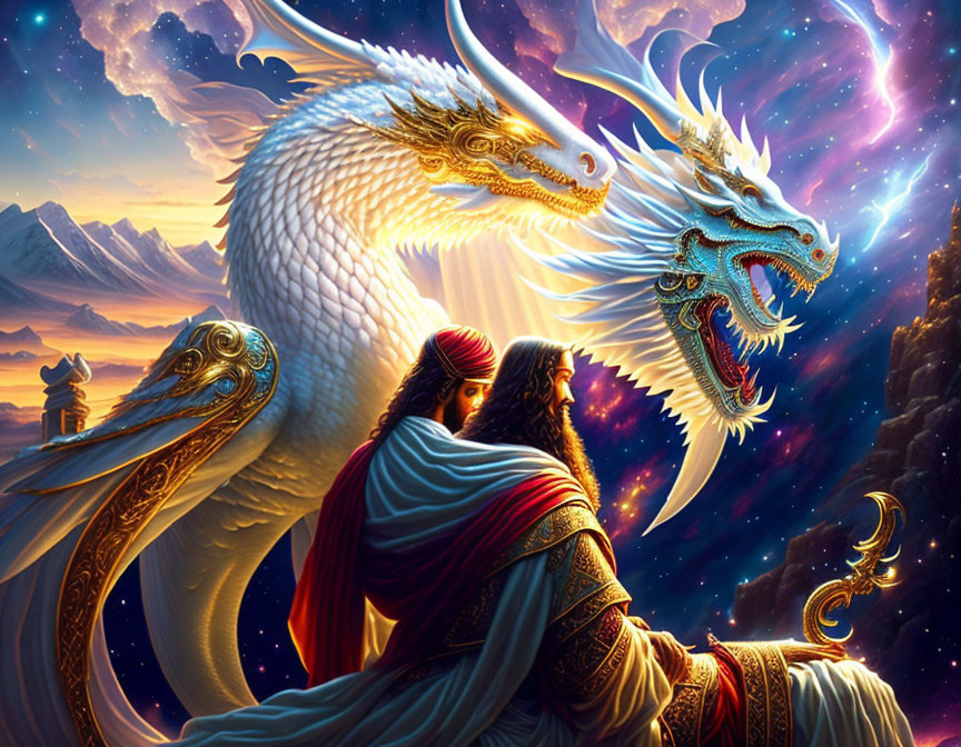 Person in Ancient Robes with Ethereal Dragons in Cosmic Sky