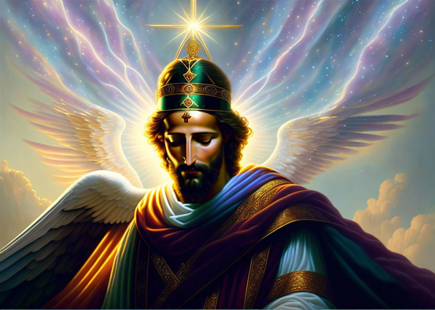 Winged figure in royal attire with crown and halo on celestial background