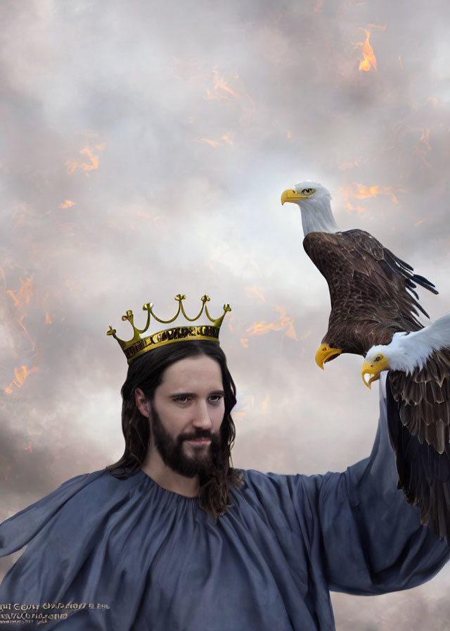 Person in Blue Robe with Golden Crown Holding Bald Eagle on Arm against Fiery Cloudy Sky