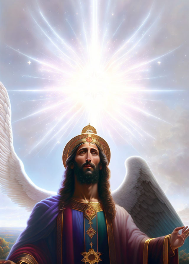 Regal figure with halo, crown, and wings in celestial backdrop