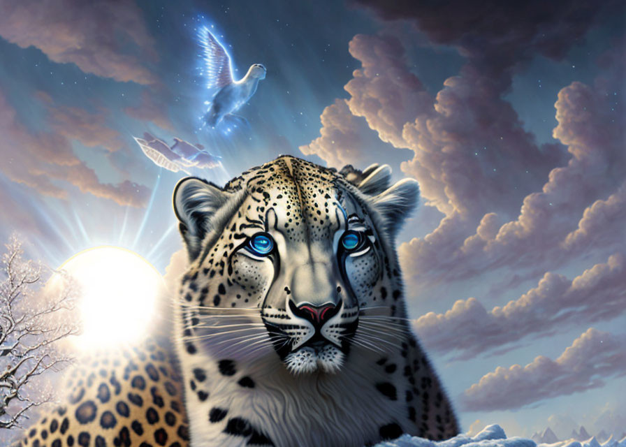 Snow leopard with blue eyes in snowy landscape with glowing dove and sunset