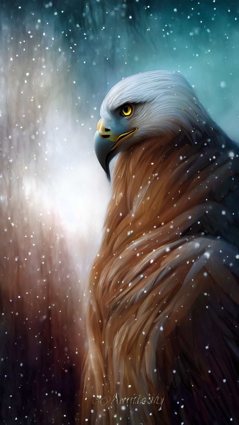 Majestic eagle with yellow eyes in snowfall scene