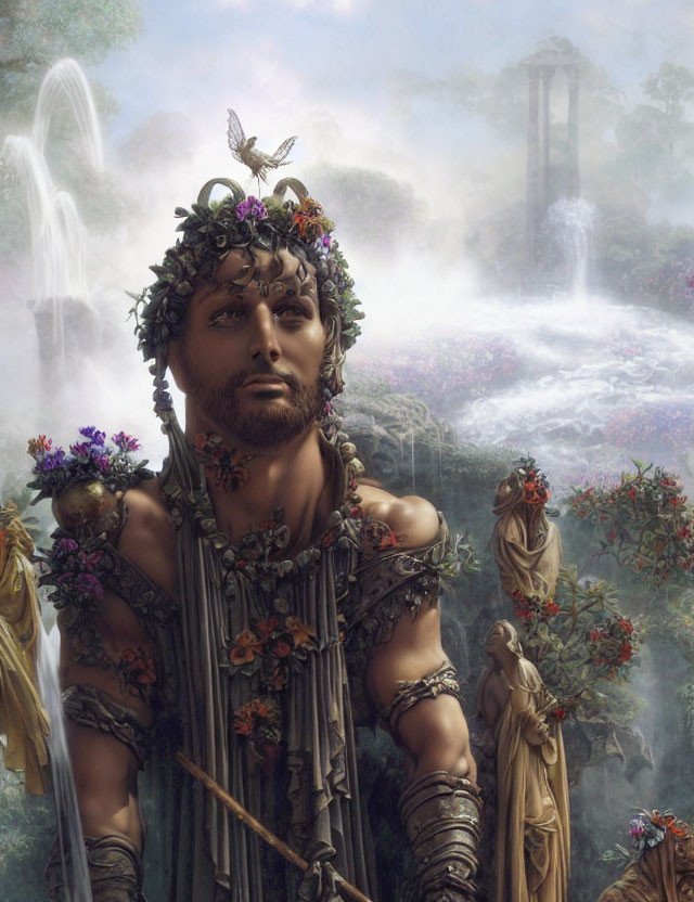 Regal person with leaf crown in mystical forest scene