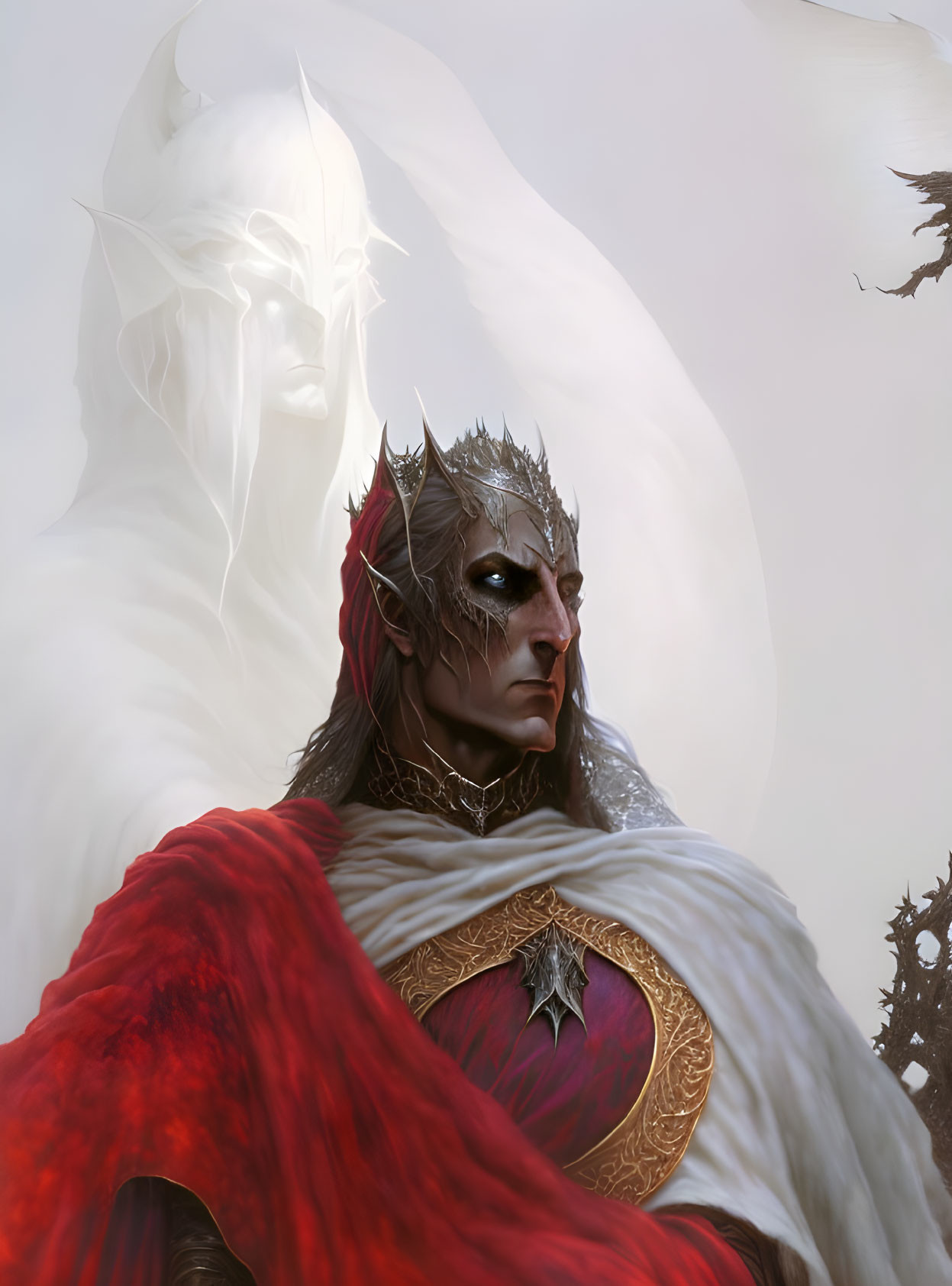 Majestic elf-like figure with crown and red cape before spectral being