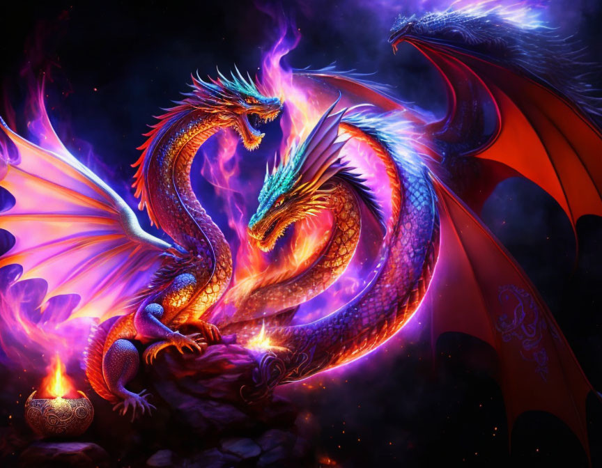 Vividly colored dragons breathing fire in cosmic starry background