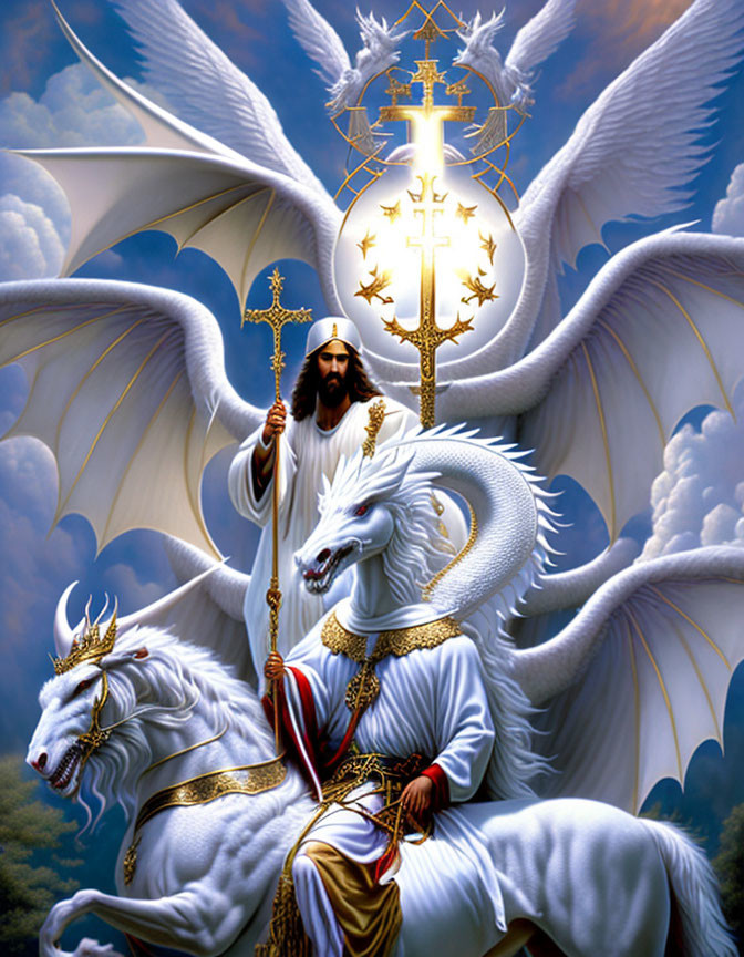 Bearded figure in white and red robes on a horse with angels and radiant cross